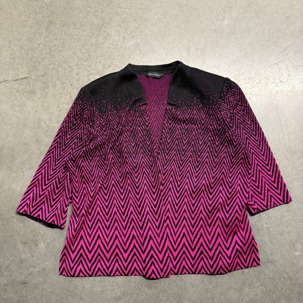 Ming Wang Pink Black Chevron Zigzag Knit Open Front Jacket 3/4 Sleeve L